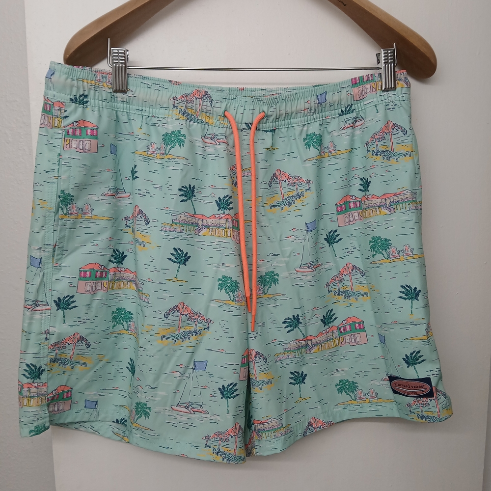 Vineyard Vines Mint Green Swim Trunks with Tropical Print